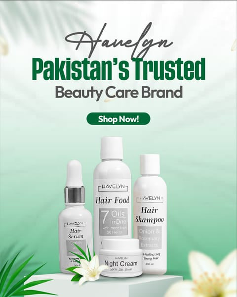 Havelyn hair care products with text 'Pakistan's Trusted Beauty Care Brand' on a light green background.